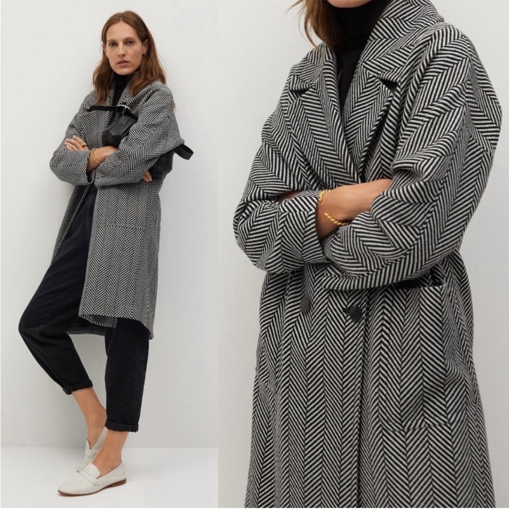 MANGO Black & White Herringbone Cross Oversized Double Breasted Wool Blend Coat - Picture 13 of 13